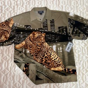 Dino Gizmo Brand New Men’s Button Down Dress Shirt Animal Print Jaguar Olive M